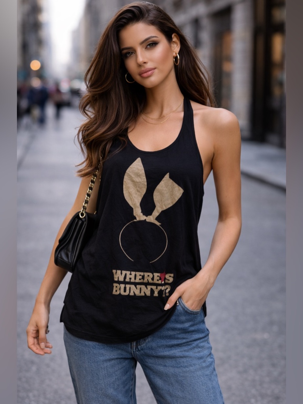 Wildfox Where’s Bunny Tank Top Black Graphic Racerback Cotton NWOT Style